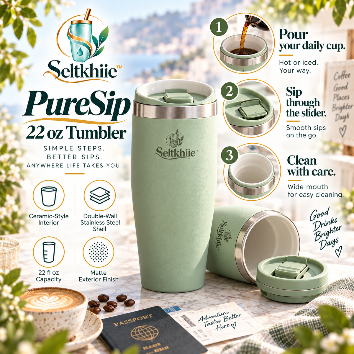 Seltkhiie™ PureSip 22 oz Ceramic-Lined Tumbler – Insulated Coffee Cup with Slider Lid