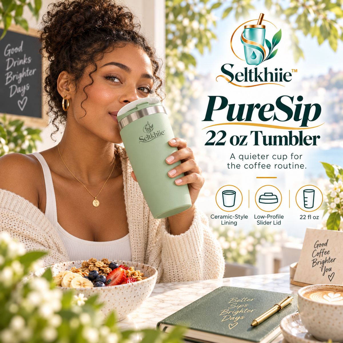 Seltkhiie™ PureSip 22 oz Ceramic-Lined Tumbler – Insulated Coffee Cup with Slider Lid