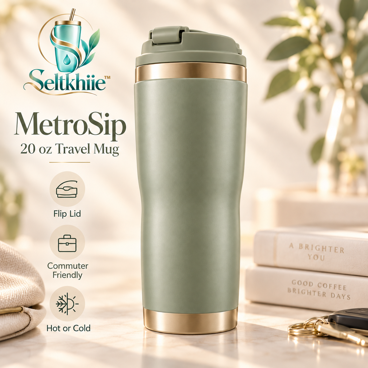 Seltkhiie™ MetroSip 20 oz Travel Coffee Mug – Insulated Stainless Steel Commuter Cup