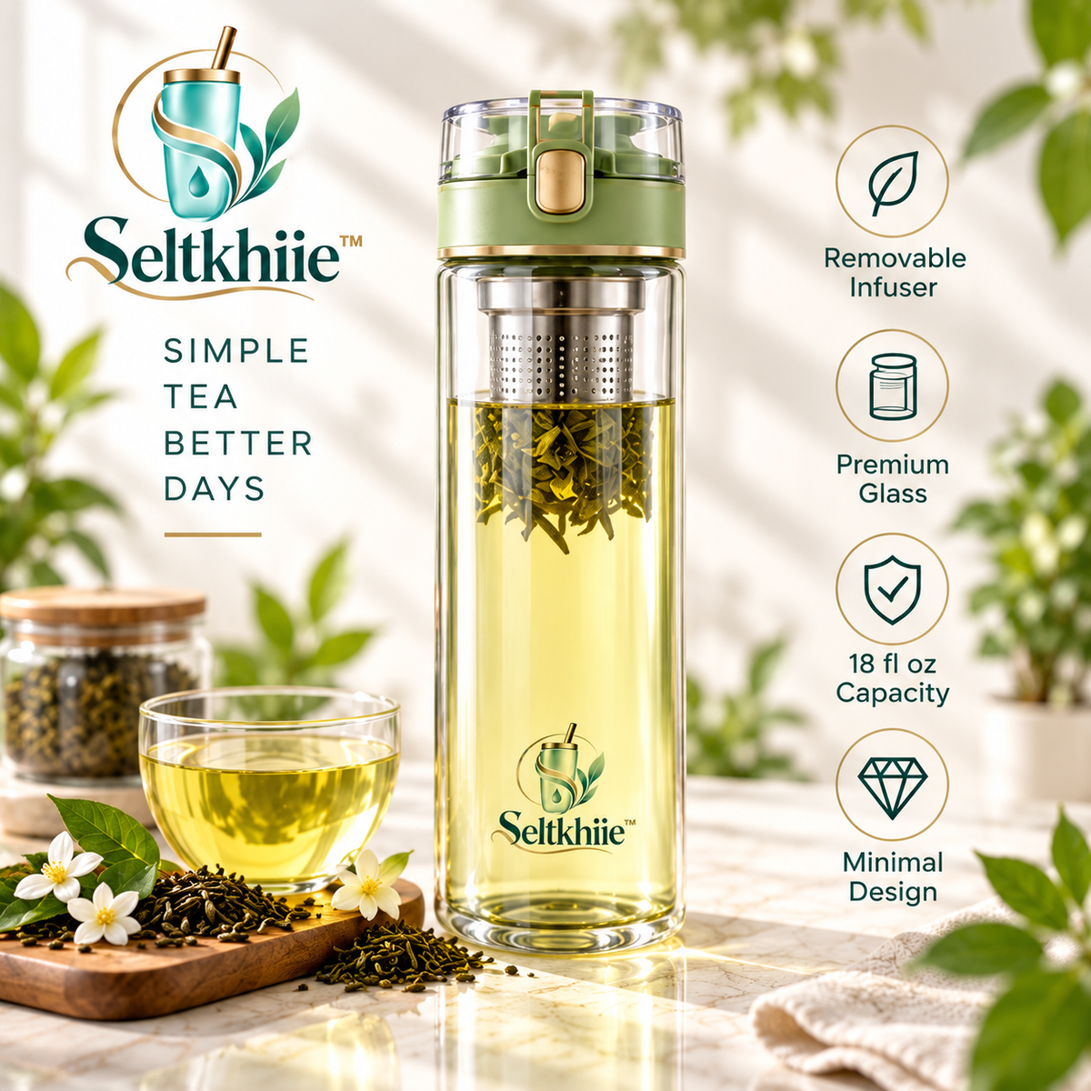 Seltkhiie™ SteepLine 18 oz Tea Infuser Bottle – Loose Leaf Glass Travel Tea Tumbler