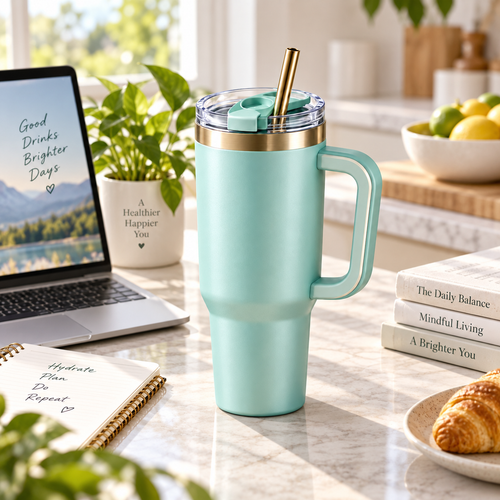 Seltkhiie™ FlowArc 40 oz Insulated Tumbler with Handle – Stainless Steel Travel Cup