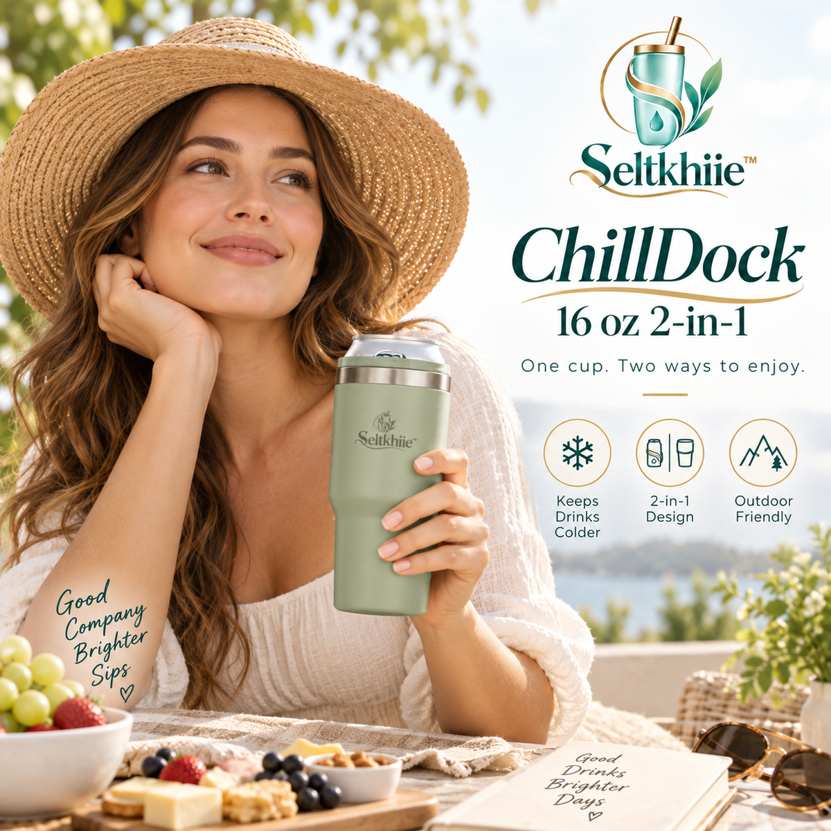 Seltkhiie™ ChillDock 16 oz 2-in-1 Can Cooler & Tumbler – Stainless Steel Cold Drink Cup