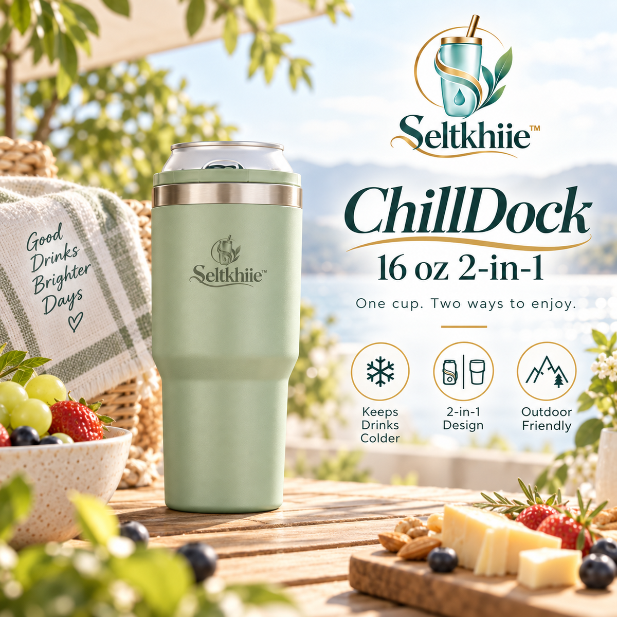 Seltkhiie™ ChillDock 16 oz 2-in-1 Can Cooler & Tumbler – Stainless Steel Cold Drink Cup