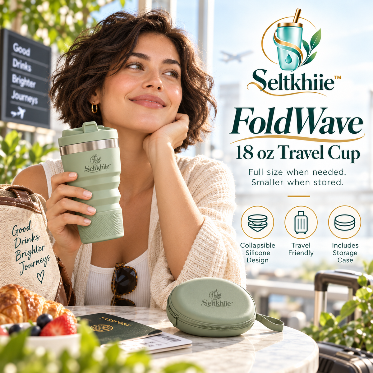Seltkhiie™ FoldWave 18 oz Collapsible Silicone Cup – Foldable Travel Mug with Lid