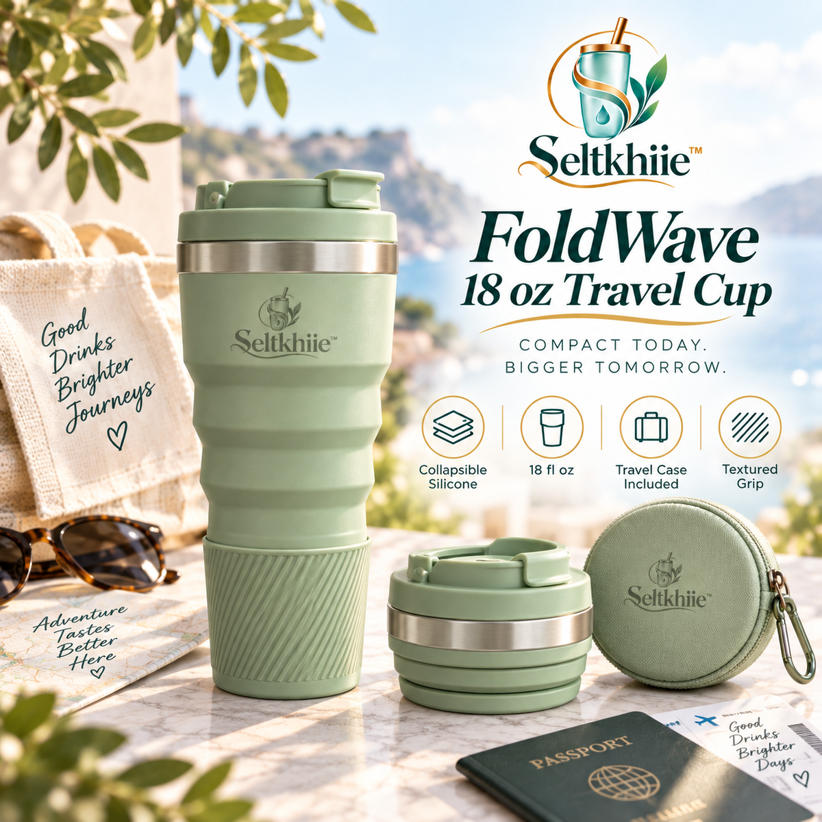 Seltkhiie™ FoldWave 18 oz Collapsible Silicone Cup – Foldable Travel Mug with Lid