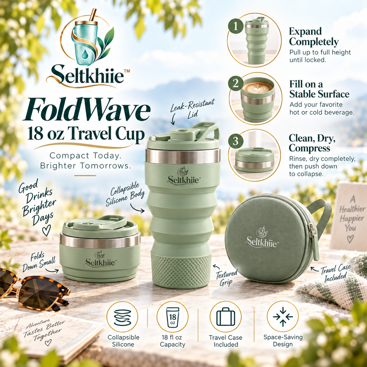 Seltkhiie™ FoldWave 18 oz Collapsible Silicone Cup – Foldable Travel Mug with Lid