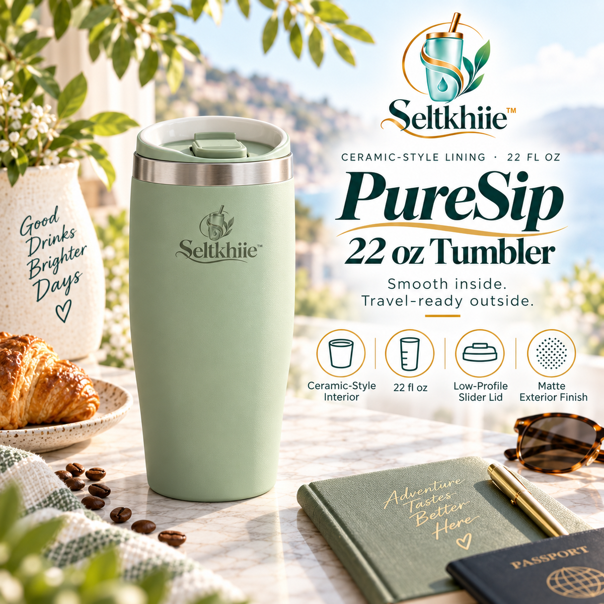 Seltkhiie™ PureSip 22 oz Ceramic-Lined Tumbler – Insulated Coffee Cup with Slider Lid