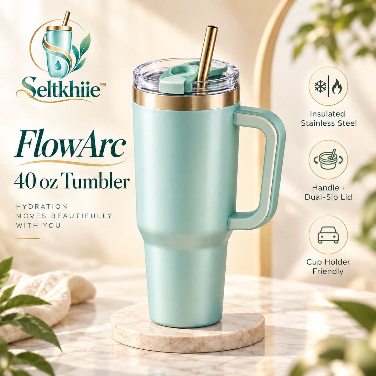 Seltkhiie™ FlowArc 40 oz Insulated Tumbler with Handle – Stainless Steel Travel Cup