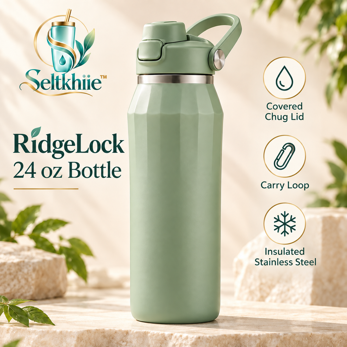 Seltkhiie™ RidgeLock 24 oz Stainless Steel Water Bottle – Chug Lid Sports Bottle