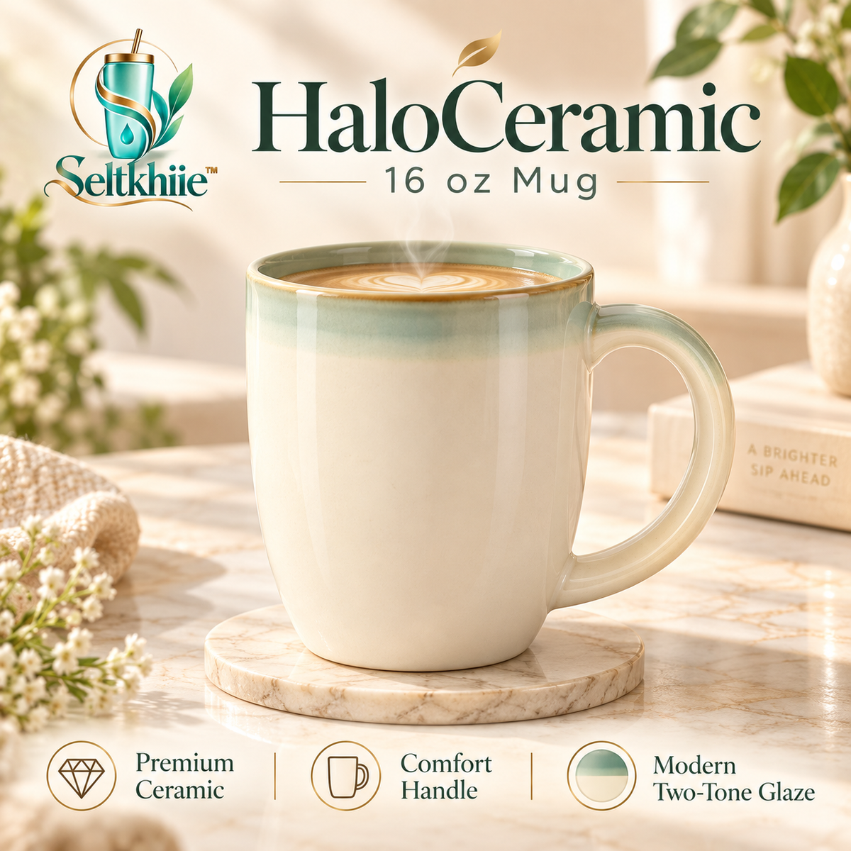 Seltkhiie™ HaloCeramic 16 oz Ceramic Coffee Mug – Modern Tea Cup with Large Handle