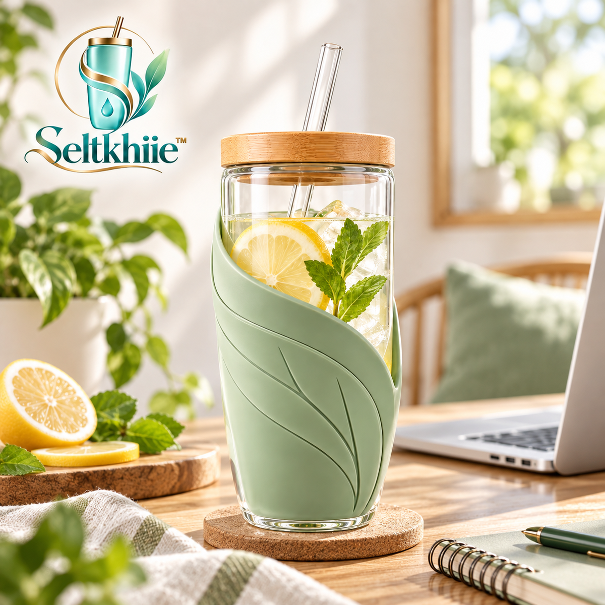 Seltkhiie™ GlassLeaf 20 oz Borosilicate Glass Tumbler – Bamboo Lid Iced Coffee Cup