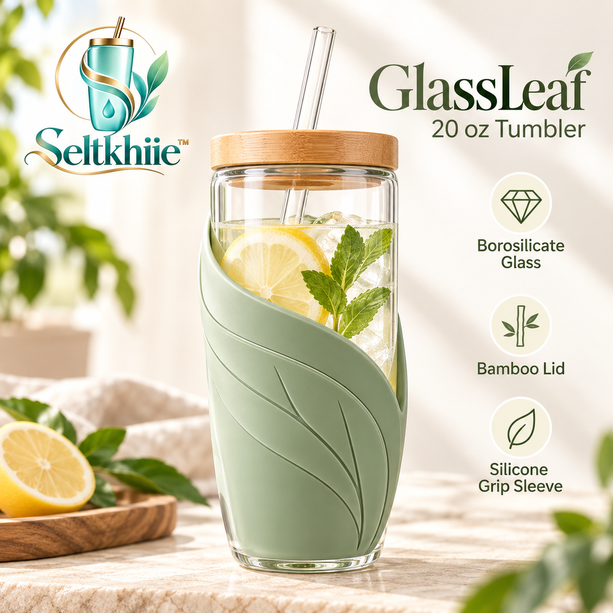 Seltkhiie™ GlassLeaf 20 oz Borosilicate Glass Tumbler – Bamboo Lid Iced Coffee Cup