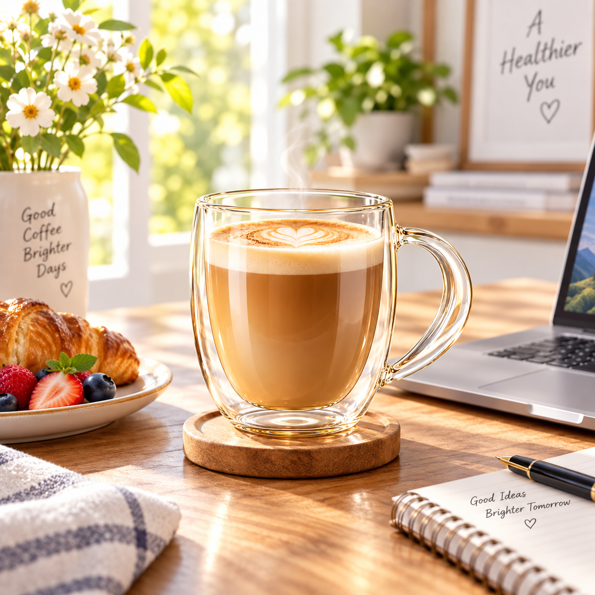 Seltkhiie™ AeroGlass 14 oz Double-Wall Glass Coffee Mug – Latte Tea Cup with Handle