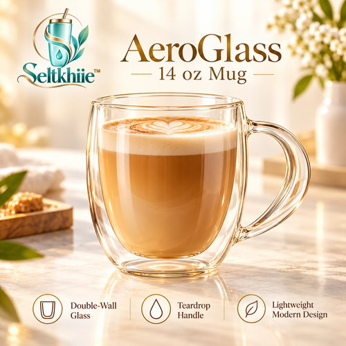 Seltkhiie™ AeroGlass 14 oz Double-Wall Glass Coffee Mug – Latte Tea Cup with Handle