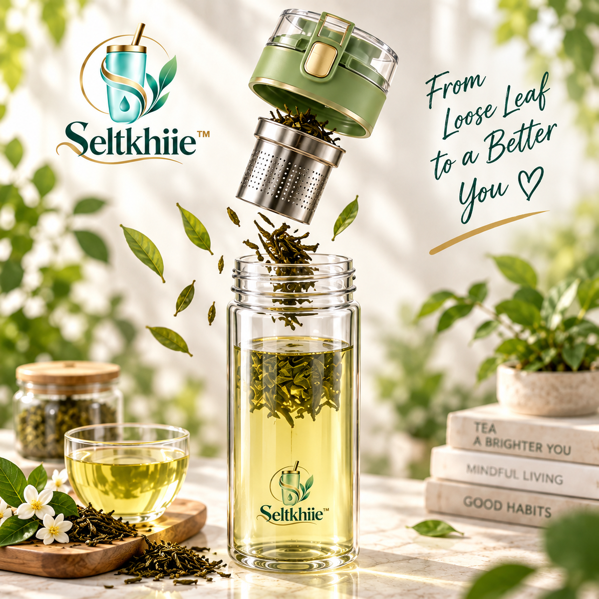 Seltkhiie™ SteepLine 18 oz Tea Infuser Bottle – Loose Leaf Glass Travel Tea Tumbler