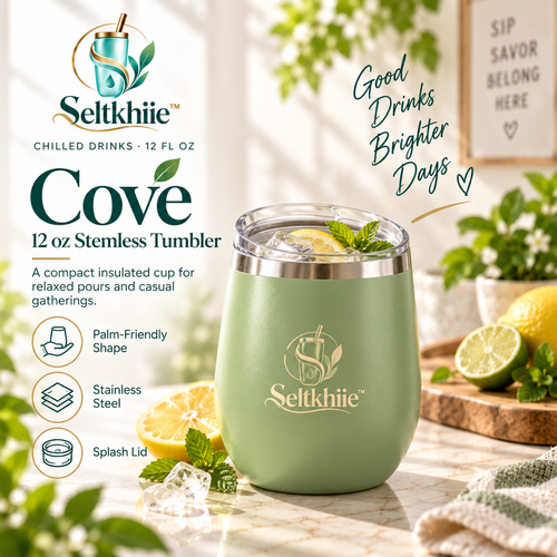 Seltkhiie™ Cove 12 oz Insulated Stemless Tumbler – Stainless Steel Cocktail & Wine Cup