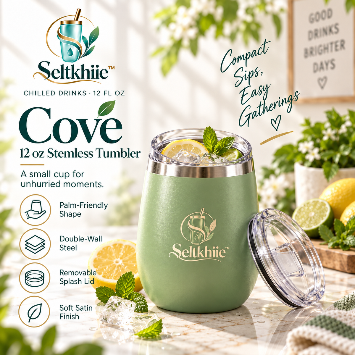 Seltkhiie™ Cove 12 oz Insulated Stemless Tumbler – Stainless Steel Cocktail & Wine Cup